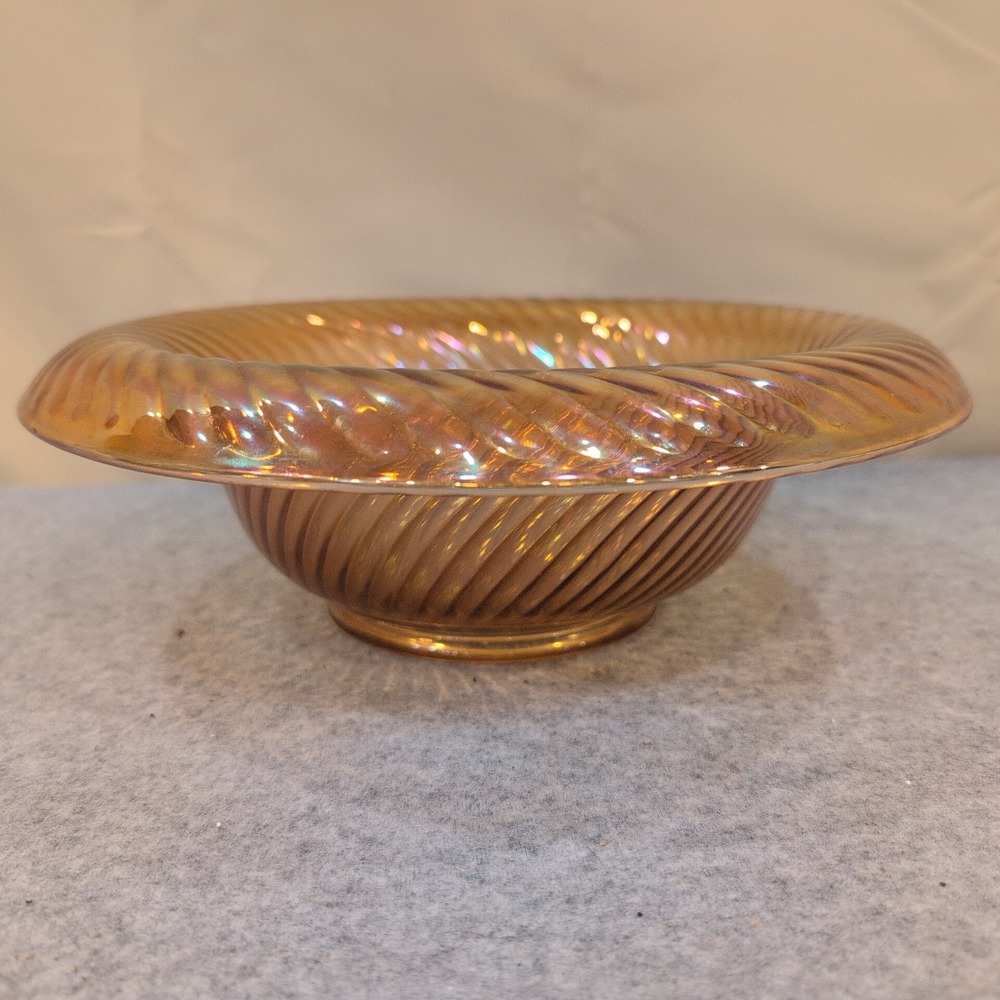 Vintage Marigold Iridescent Carnival Glass Swirl Ribbed Decorative Bowl - Picture 2 of 8